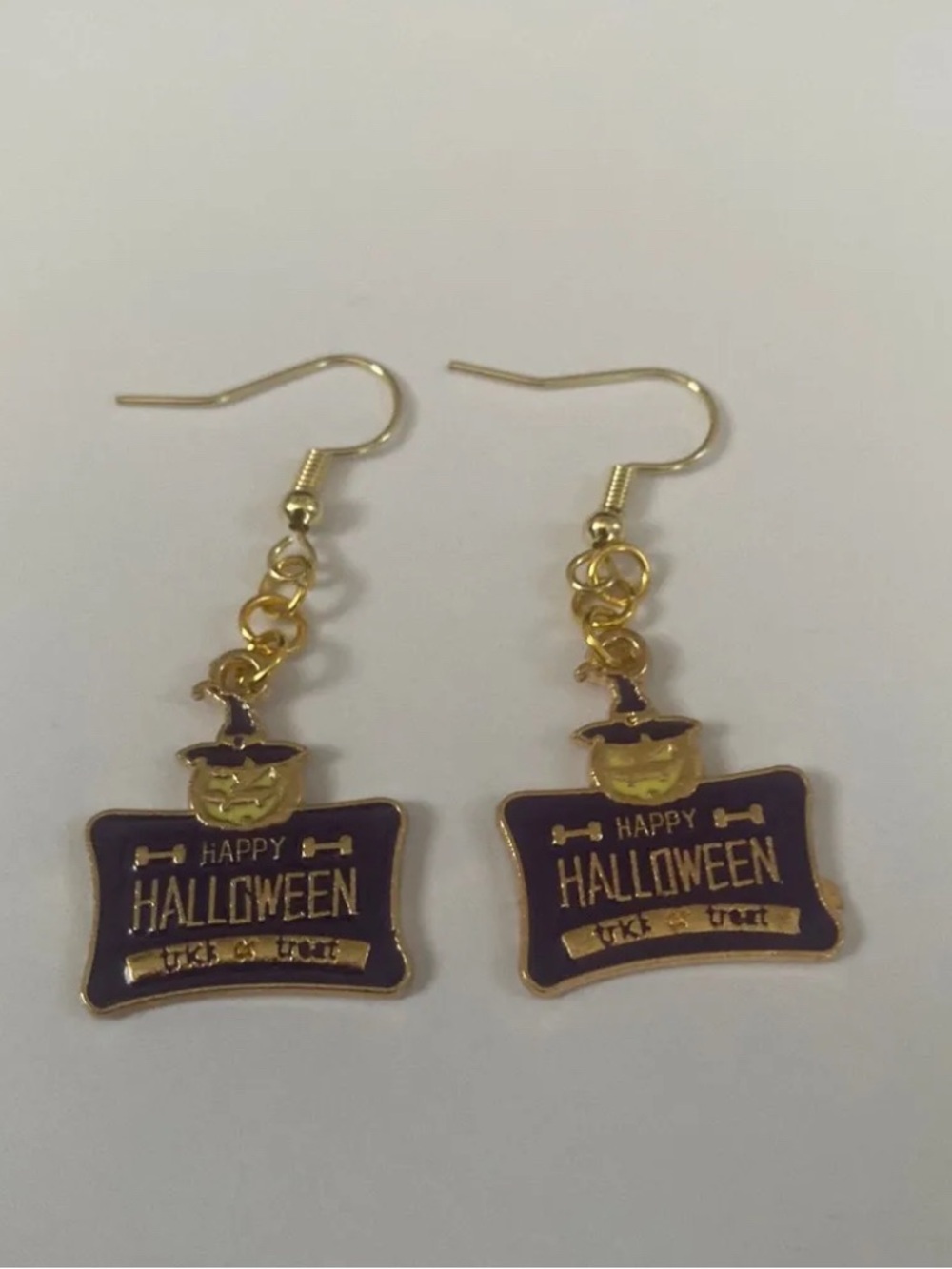 Gold and Purple 'Happy Halloween' Dangle Earrings